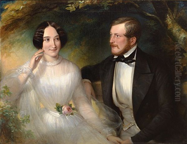 Portrait Und Brautbild Von Eugen Und Francisca Kraetzer-roeder. Das Brautpaar Auf Einer Bank Im Park, Meisterlich Charakterisiert Oil Painting by Eduard von Heuss