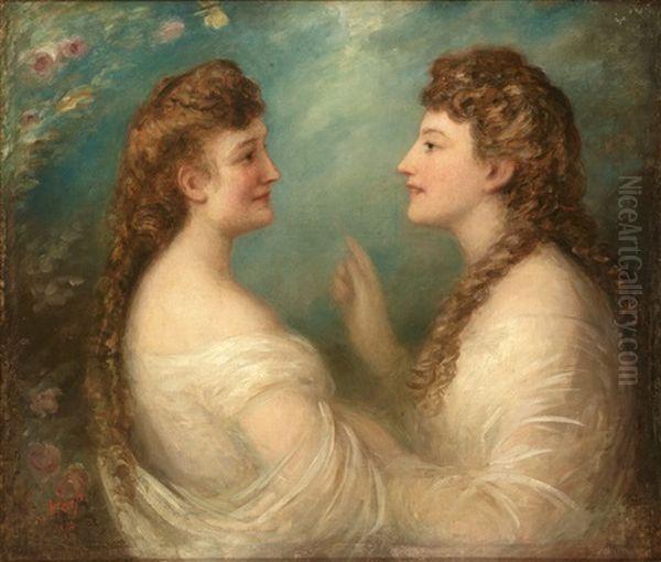 Portrait Der Schwestern Elisabeth Und Sofie Kraetzer, Geb. 1849 Und 1850 In Mainz Oil Painting by Eduard von Heuss