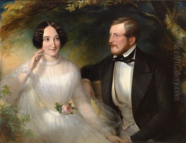 Portrait Und Brautbild Von Eugen Und Francisca Kraetzer-roeder. Das Brautpaar Auf Einer Bank Im Park Oil Painting by Eduard von Heuss