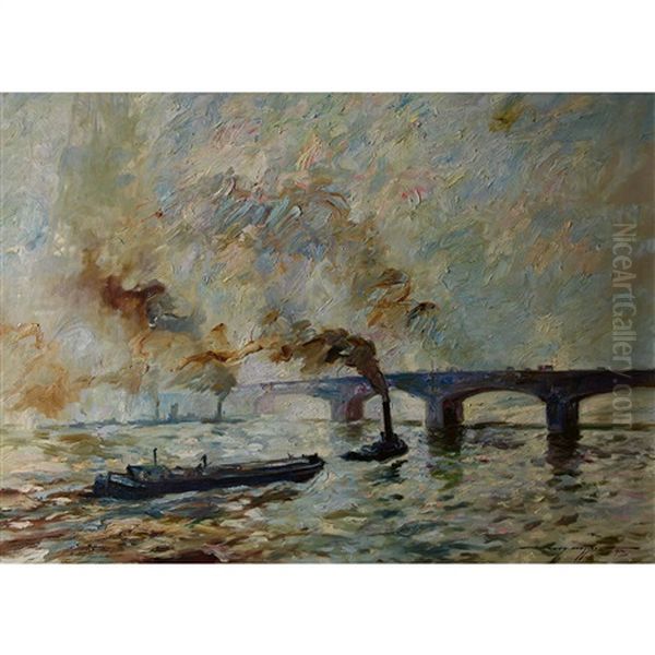 Dampfer Und Frachtschiff Vor Einer Flussbrucke Oil Painting by Harry (Heinrich) Heusser