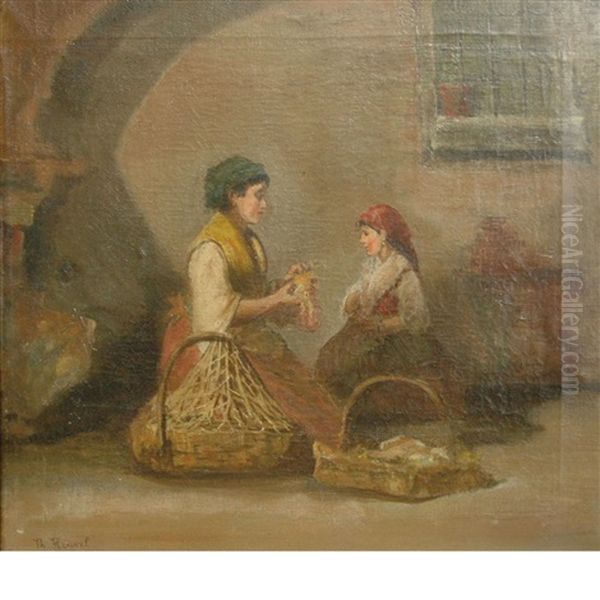 A Mother Teaching Her Daughter Oil Painting by Theodore Bernard de Heuvel