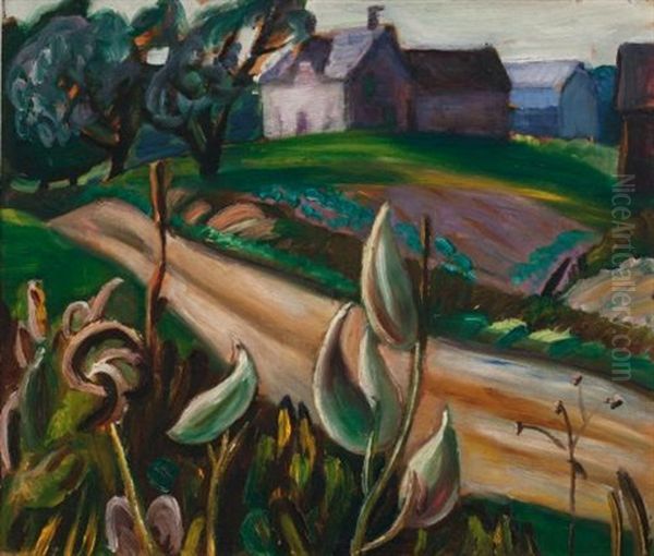 Country Road With Farm Buildings And Milkweed Oil Painting by Efa Prudence Heward