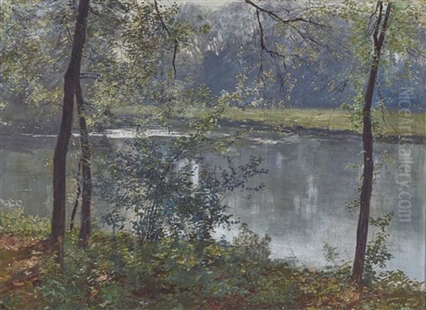 Trees At A Pond Oil Painting by Paul Hey