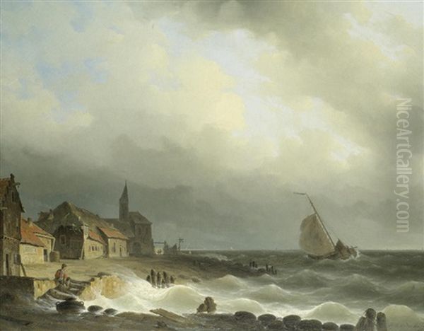 Stormy Coastal Scene Oil Painting by Herman Henry op der Heyde