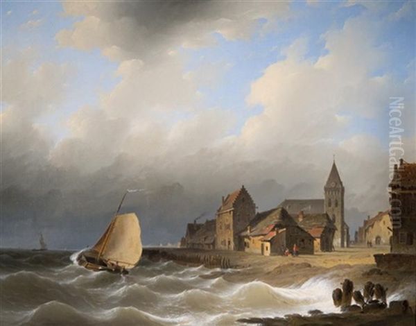 Coastal Village By Choppy Seas Oil Painting by Herman Henry op der Heyde