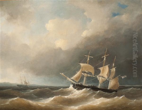 Frigates In Choppy Water (2 Works) Oil Painting by Herman Henry op der Heyde