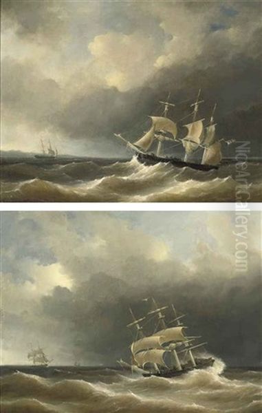 Dutch Fregat In Heavy Weather (+ Another; Pair) Oil Painting by Herman Henry op der Heyde