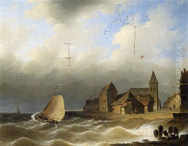 Off The Coast Near A Dutch Town Oil Painting by Herman Henry op der Heyde