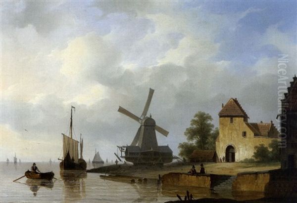 Belebte Kuste Mit Windmuhle Und Schiffsverkehr Oil Painting by Herman Henry op der Heyde