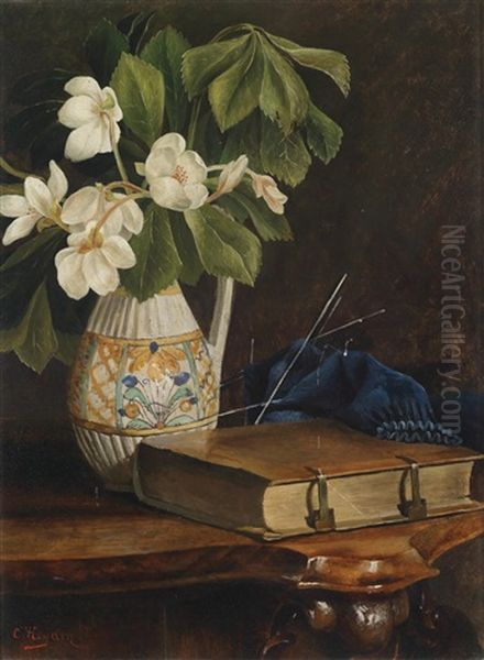 Stillleben Mit Buch, Strickzeug Und Schneerosen In Vase Oil Painting by Christian Heyden