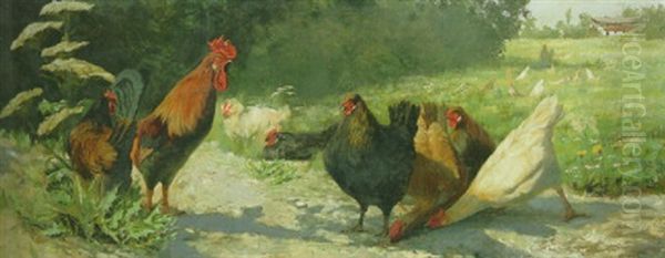 Poultry In A Meadow Oil Painting by Hubert Von Heyden