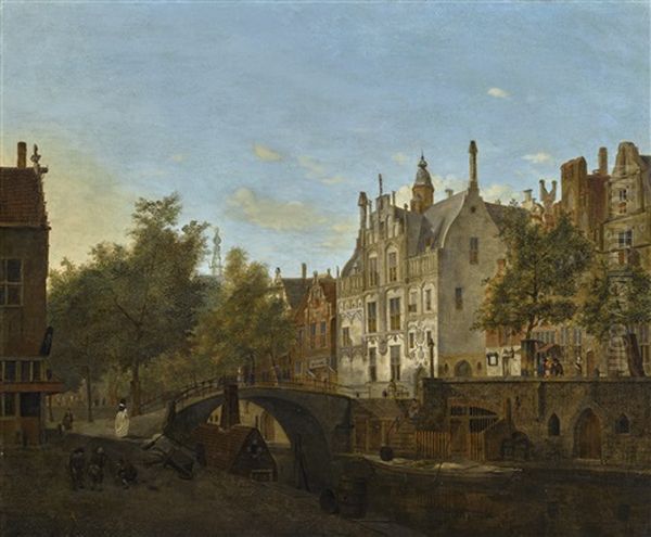 A Capriccio View Of The Oude Delft And The Gemeenlandshuis Oil Painting by Jan Van Der Heyden