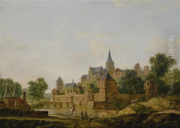 A View Of An Old Fortified Town With Figures Returning From A Hunt by Jan Van Der Heyden