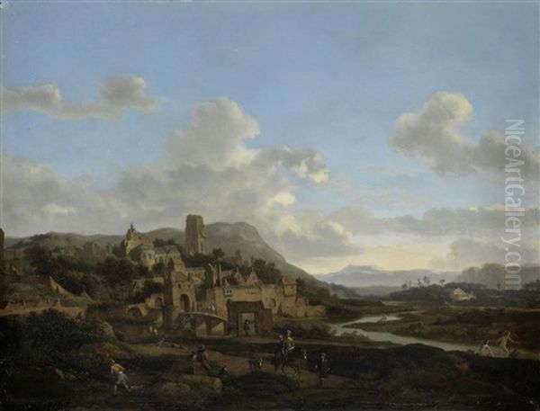 A Hilltop Town Beside A River, Figures On Horseback In The Foreground Oil Painting by Jan Van Der Heyden