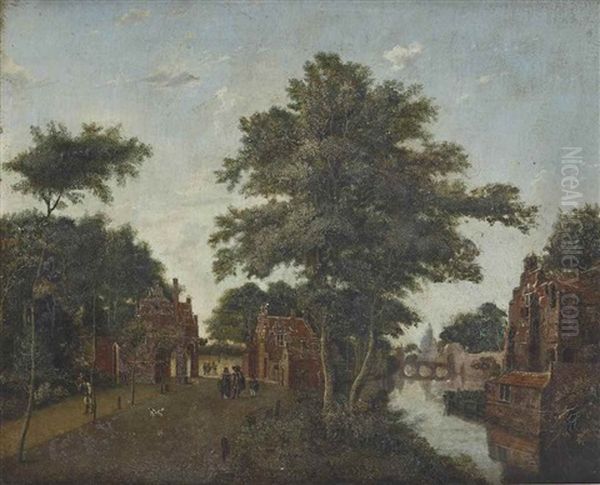 A View Of A Gateway Along A River With Elegant Figures Taking A Stroll, A Walled Town In The Distance Oil Painting by Jan Van Der Heyden