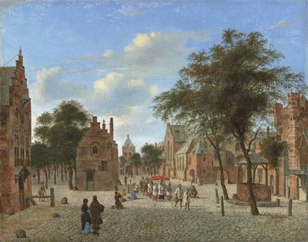 A View Of A Town Square, With A Procession During The Feast Of Corpus Christi And Figures Kneeling Before The Host Oil Painting by Jan Van Der Heyden