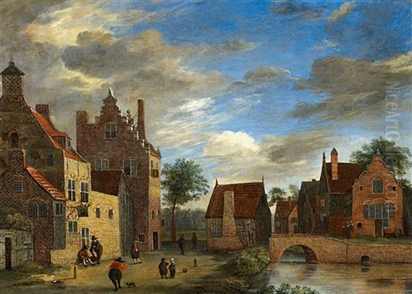 View Of A Small Town Oil Painting by Jan Van Der Heyden