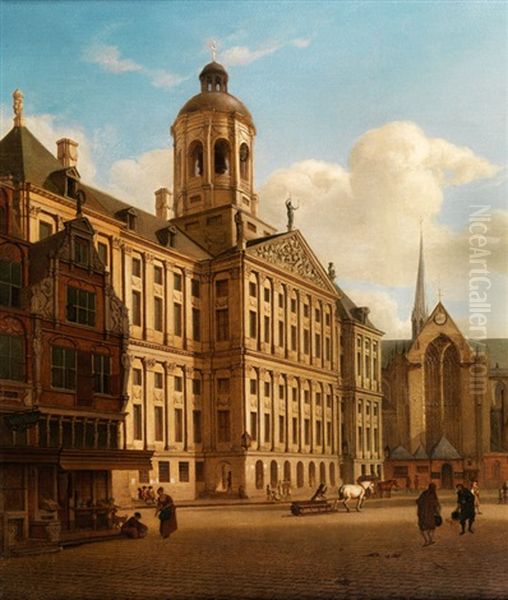 Blick Auf Das Rathaus Auf Dem Damm In Amsterdam Oil Painting by Jan Van Der Heyden