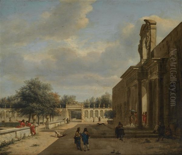 A Palatial Garden, With Figures Emerging From A Palace To The Right, An Arcade Beyond And A Balustrade To The Left, The Roof Of The Huis Ten Bosch Visible In The Distance Oil Painting by Jan Van Der Heyden