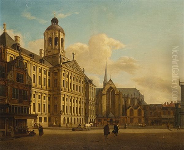 Vue De L'hotel De Ville D'amsterdam Avec La Nouvelle Eglise Oil Painting by Jan Van Der Heyden