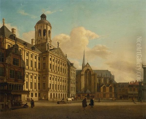 Vue De L'hotel De Ville D'amsterdam Avec La Nouvelle Eglise Oil Painting by Jan Van Der Heyden