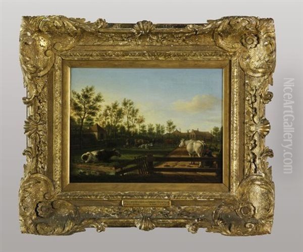 Dutch Farm Scene Oil Painting by Jan Van Der Heyden