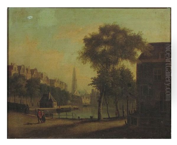 View Of Amsterdam Cobblestone Street By A Canal Oil Painting by Jan Van Der Heyden