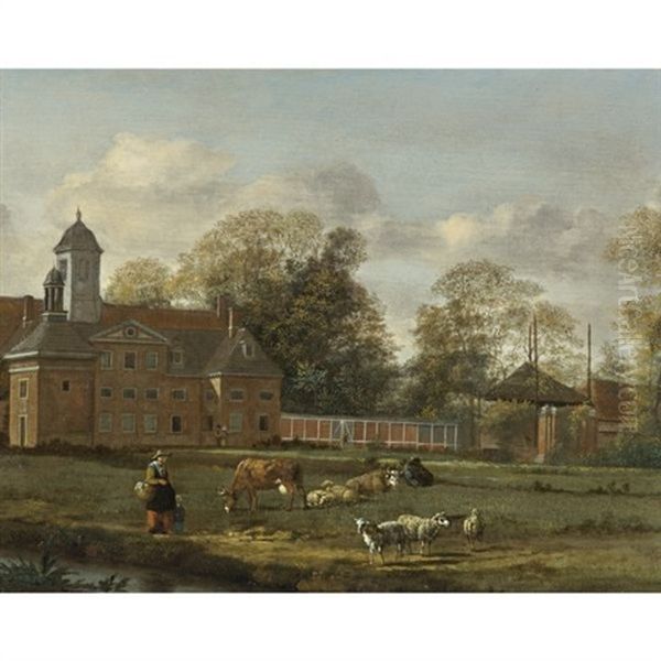 View Of Goudestein With A Woman And Child Walking Beside A Dyke Oil Painting by Jan Van Der Heyden