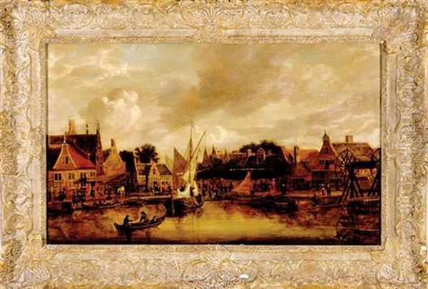 Dutch Harbor Scene Oil Painting by Jan Van Der Heyden