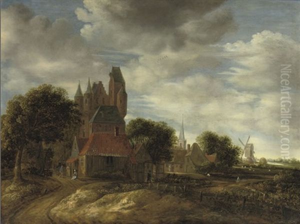 The Outskirts Of A Town With Cottages And A Castle Oil Painting by Jan Van Der Heyden