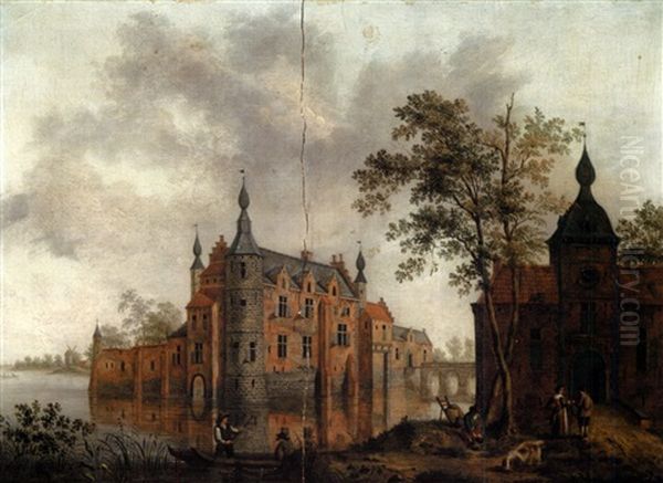 A Moated Castle And Its Gatehouse, With Peasant Figures And A Dog Oil Painting by Jan Van Der Heyden