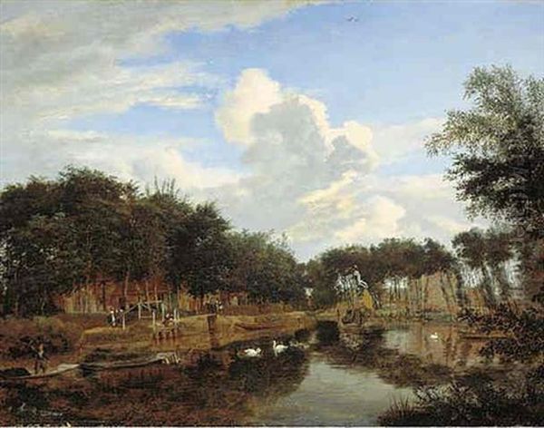 A View Of A Canal With A Village Beyond (the Vecht Near Maarssen?) Oil Painting by Jan Van Der Heyden