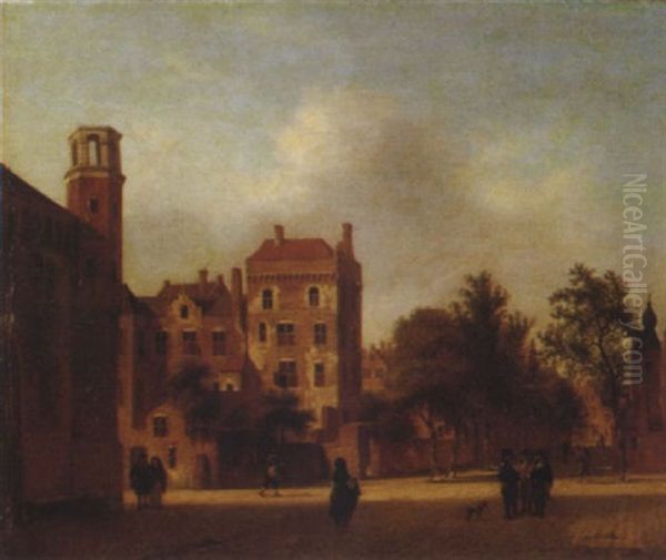 Vue D'une Ville Hollandaise Animee De Promeneurs Oil Painting by Jan Van Der Heyden