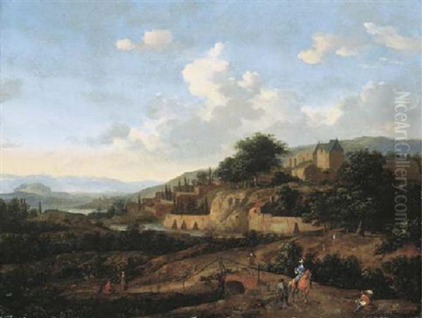 An Extensive Landscape With A Walled Town, A Hawking Party In The Foreground Oil Painting by Jan Van Der Heyden