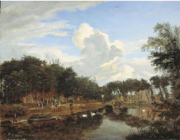 A View Of A Canal With A Village Beyond, (the Vecht Near Maarssen?) Oil Painting by Jan Van Der Heyden