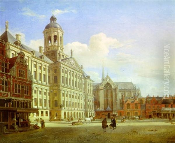 Vue De La Place De L'hotel De Ville A Amsterdam Oil Painting by Jan Van Der Heyden