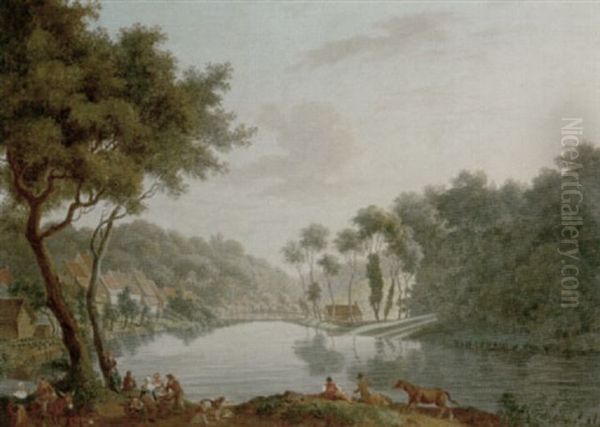 A River Landscape With A Fruit Seller And Other Figures In The Foreground, A Town Beyond Oil Painting by Jan Van Der Heyden