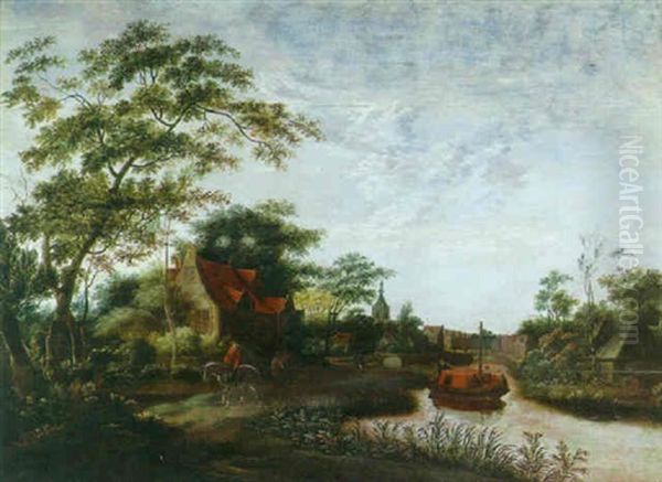 A View Of A Town By A Canal With A Figure On Horseback In The Foreground Oil Painting by Jan Van Der Heyden