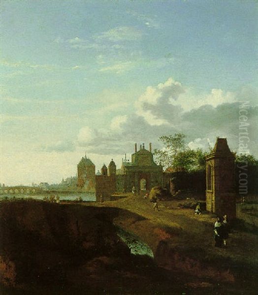 Brussels: A Capriccio Of The Porte Du Rivage Oil Painting by Jan Van Der Heyden