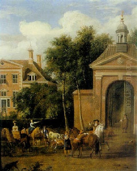 Elegant Figures With Horses In The Park Of House 'harteveld' Maarssen Oil Painting by Jan Van Der Heyden