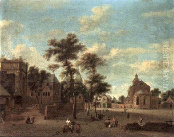 A View Of A Square In Cologne With The Church Of Saint Cecilia On The Right Oil Painting by Jan Van Der Heyden