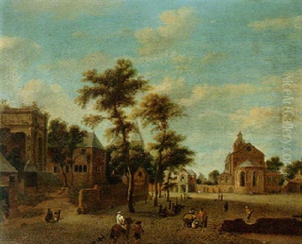 A View Of A Square In Cologne With The Church Of Saint Cecilia On The Right Oil Painting by Jan Van Der Heyden