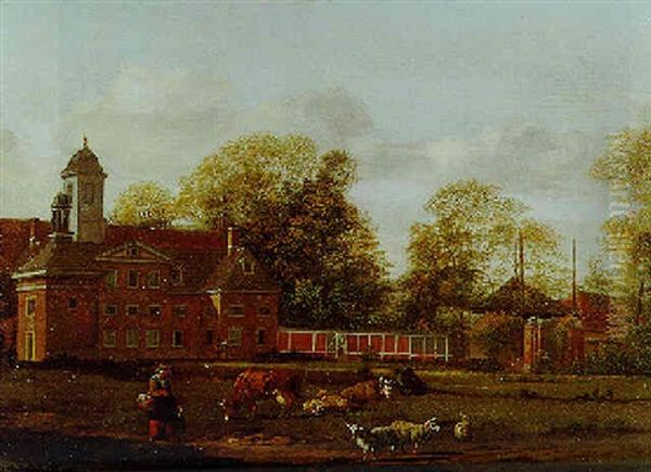 A View Of Goudestein With A Woman And Child Walking Beside A Dyke Oil Painting by Jan Van Der Heyden