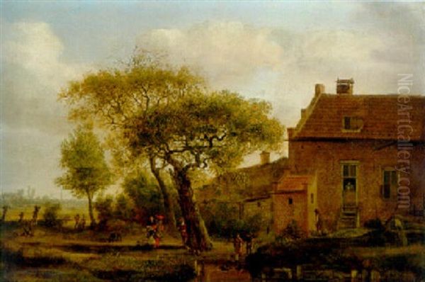 Farmhouse With Gentry By A Tree And Children Playing By A Pool, Church Tower Beyond Oil Painting by Jan Van Der Heyden