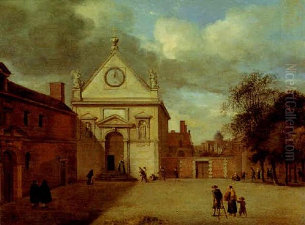 A Town Square With A Baroque Church Oil Painting by Jan Van Der Heyden