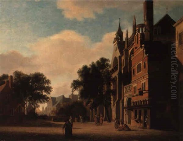 A Town Square With Townsfolk Oil Painting by Jan Van Der Heyden