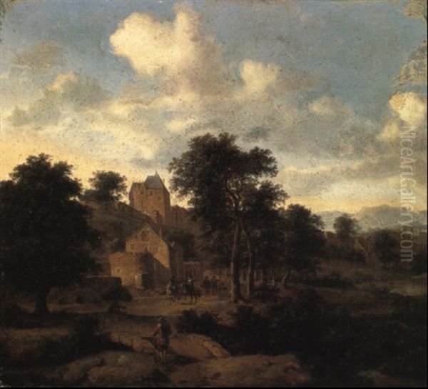 A Hawking Party On A Path In A River Valley Below A Fortified Town Oil Painting by Jan Van Der Heyden