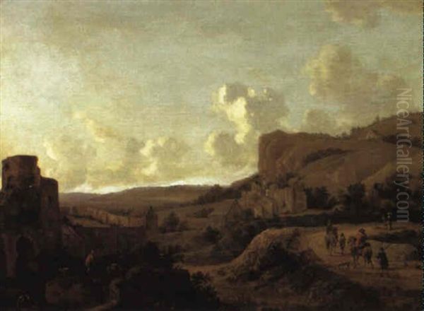 Extensive Landcape With Travellers, Ruined Building Beyond Oil Painting by Jan Van Der Heyden