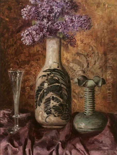 Stilleben Mit Fliederstraus In Japanischer Vase, Sektglas Und Jugendstilvase Auf Drapiertem Violetten Tuch Oil Painting by Karl Heyden