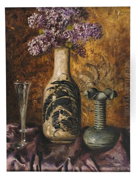 Stilleben Mit Fliederstraus In Japanischer Vase, Sektglas Und Jugendstilvase Auf Drapiertem, Violettem Tuch Oil Painting by Karl Heyden